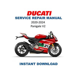 以下が含まれることがあります： 黒いホイールと白と緑のストライプが付いた赤いドゥカティパニガーレV2オートバイが白い背景に表示されています。「DUCATI SERVICE REPAIR MANUAL 2020-2024 Panigale V2」というテキストが上にあります。「INSTANT DOWNLOAD」という言葉が下にあります。