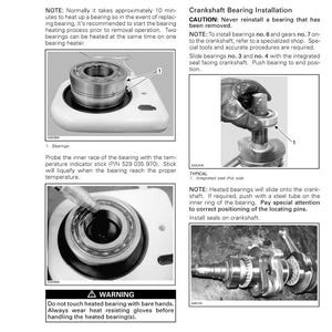 Peut inclure: Diagramme technique montrant l'installation des roulements de moteur. Comprend des images de roulements, d'un chauffe-roulement et d'un vilebrequin. Le texte comprend des avertissements et des instructions.