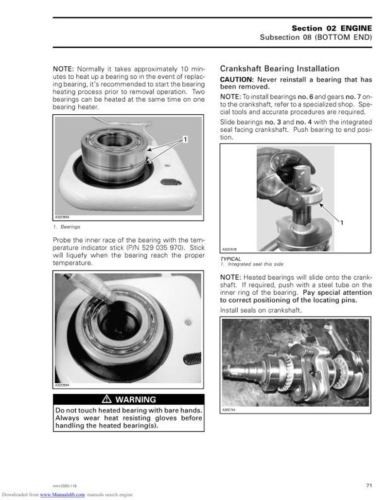 Peut inclure: Diagramme technique montrant l'installation des roulements de moteur. Comprend des images de roulements, d'un chauffe-roulement et d'un vilebrequin. Le texte comprend des avertissements et des instructions.