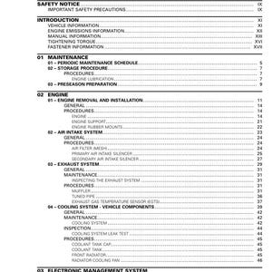 May include: A detailed table of contents from a manual, with a white background and black text. The headings include "Safety Notice," "Introduction," "Maintenance," "Engine," "Exhaust System," and "Electronic Management System."