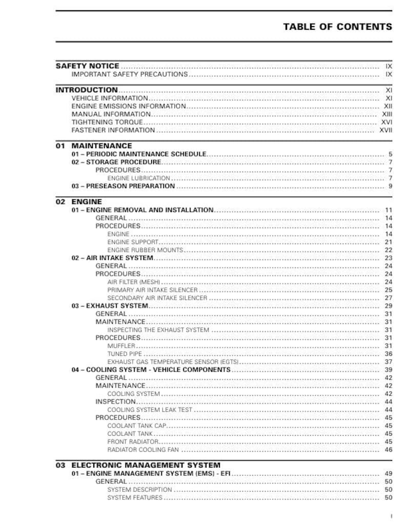 May include: A detailed table of contents from a manual, with a white background and black text. The headings include "Safety Notice," "Introduction," "Maintenance," "Engine," "Exhaust System," and "Electronic Management System."