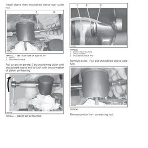 May include: Diagrams illustrating the installation of a sleeve kit and piston pin extraction for a 2-stroke engine. The images show the steps for installing the sleeve, removing the puller, and extracting the piston pin. Text includes "Section 03 ENGINES (2-STROKE)".