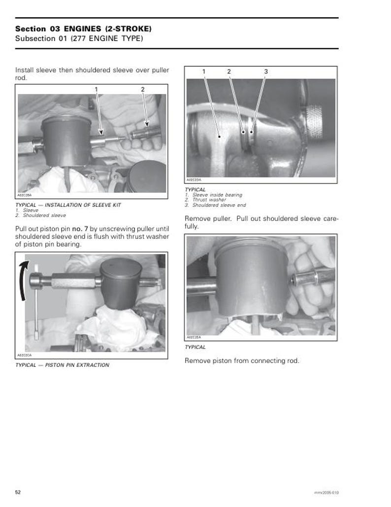 May include: Diagrams illustrating the installation of a sleeve kit and piston pin extraction for a 2-stroke engine. The images show the steps for installing the sleeve, removing the puller, and extracting the piston pin. Text includes "Section 03 ENGINES (2-STROKE)".