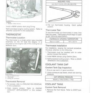Puede incluir: Una p&aacute;gina de un manual de reparaci&oacute;n que detalla los componentes del sistema de refrigeraci&oacute;n del motor. Incluye diagramas de un termostato, un dep&oacute;sito de refrigerante y herramientas necesarias como alicates Oetiker. El texto describe los procedimientos de extracci&oacute;n, prueba e instalaci&oacute;n del termostato.