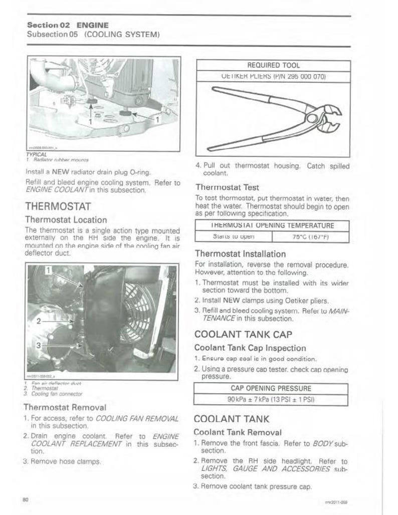 Puede incluir: Una p&aacute;gina de un manual de reparaci&oacute;n que detalla los componentes del sistema de refrigeraci&oacute;n del motor. Incluye diagramas de un termostato, un dep&oacute;sito de refrigerante y herramientas necesarias como alicates Oetiker. El texto describe los procedimientos de extracci&oacute;n, prueba e instalaci&oacute;n del termostato.