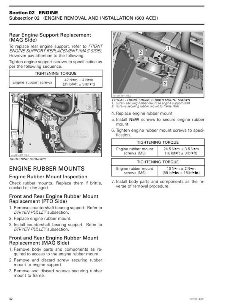 May include: A page from a repair manual detailing engine rubber mount replacement. The text includes tightening torque specifications in foot-pounds and inch-pounds. Diagrams show the engine components and screw locations for the repair.