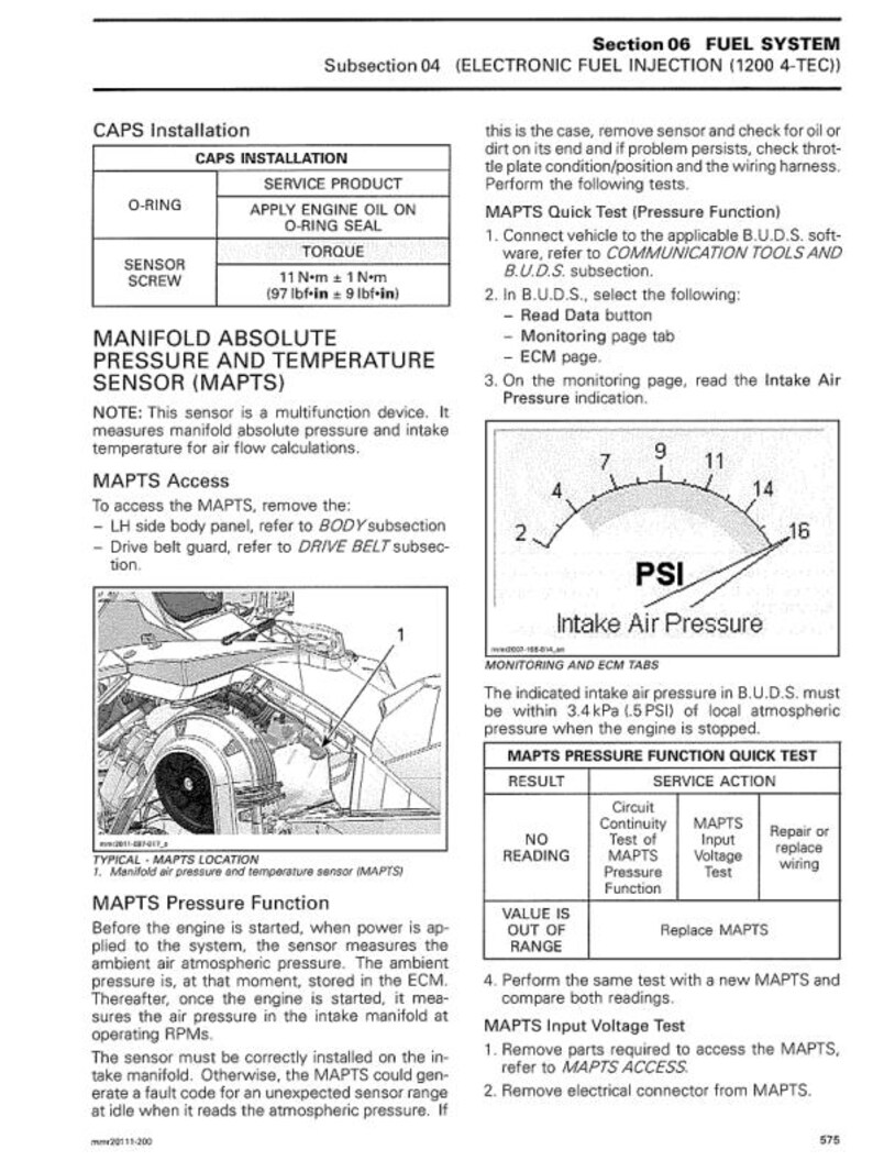 May include: A page from a manual detailing the fuel system, specifically the Manifold Absolute Pressure and Temperature Sensor (MAPTS). Includes diagrams, text, and a pressure gauge reading in PSI.