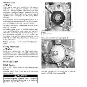 May include: A page from a manual detailing engine maintenance, specifically for 2-stroke engines. The image includes diagrams of engine components, with labels and instructions for disassembly and cleaning. Text includes warnings and specifications.