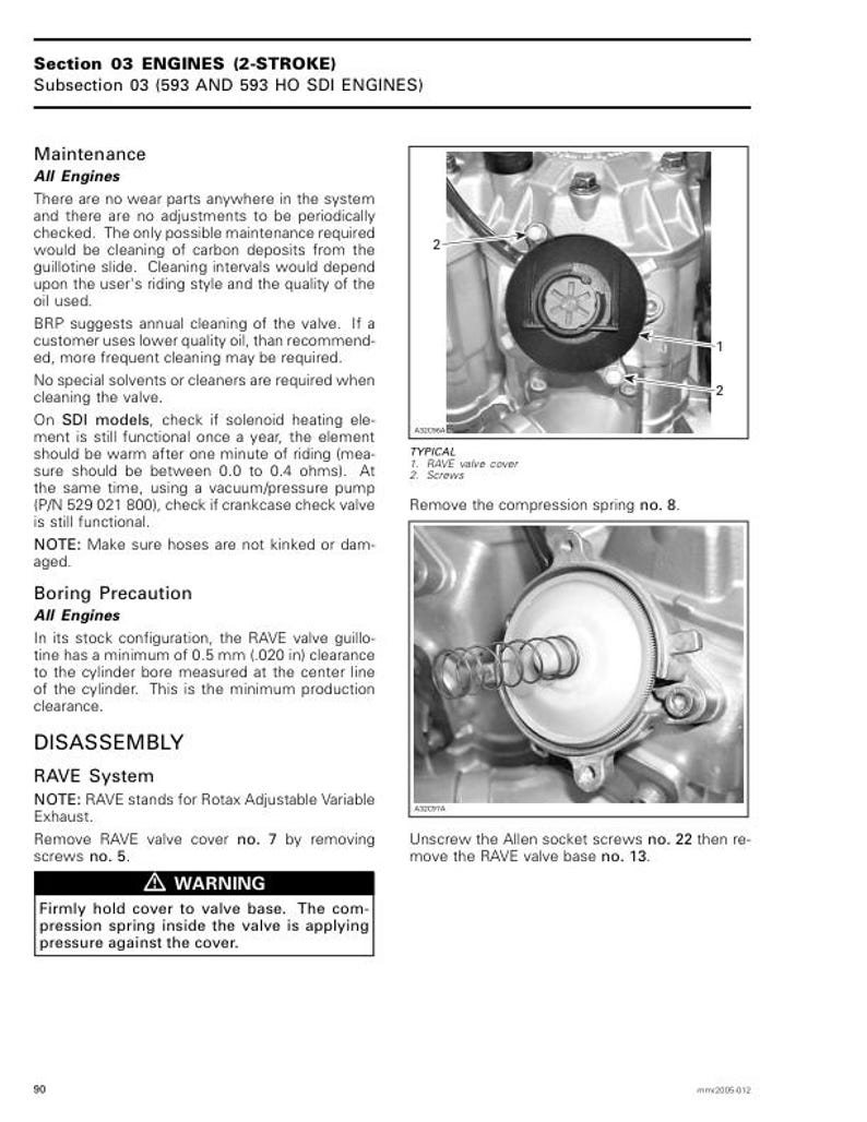 May include: A page from a manual detailing engine maintenance, specifically for 2-stroke engines. The image includes diagrams of engine components, with labels and instructions for disassembly and cleaning. Text includes warnings and specifications.