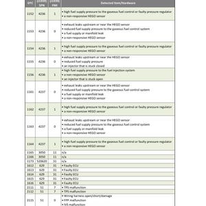 May include: A table showing diagnostic trouble codes for a telescopic boom series. The table lists the DTC, SPN, FMI, and detected item or hardware. The table includes codes for issues related to fuel supply pressure, exhaust leaks, and faulty sensors.