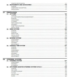 May include: Table of contents for a manual or instruction booklet. The table lists sections for starter specification, instruments and accessories, propulsion, steering system, and variable trim system. Page numbers are listed next to each section.
