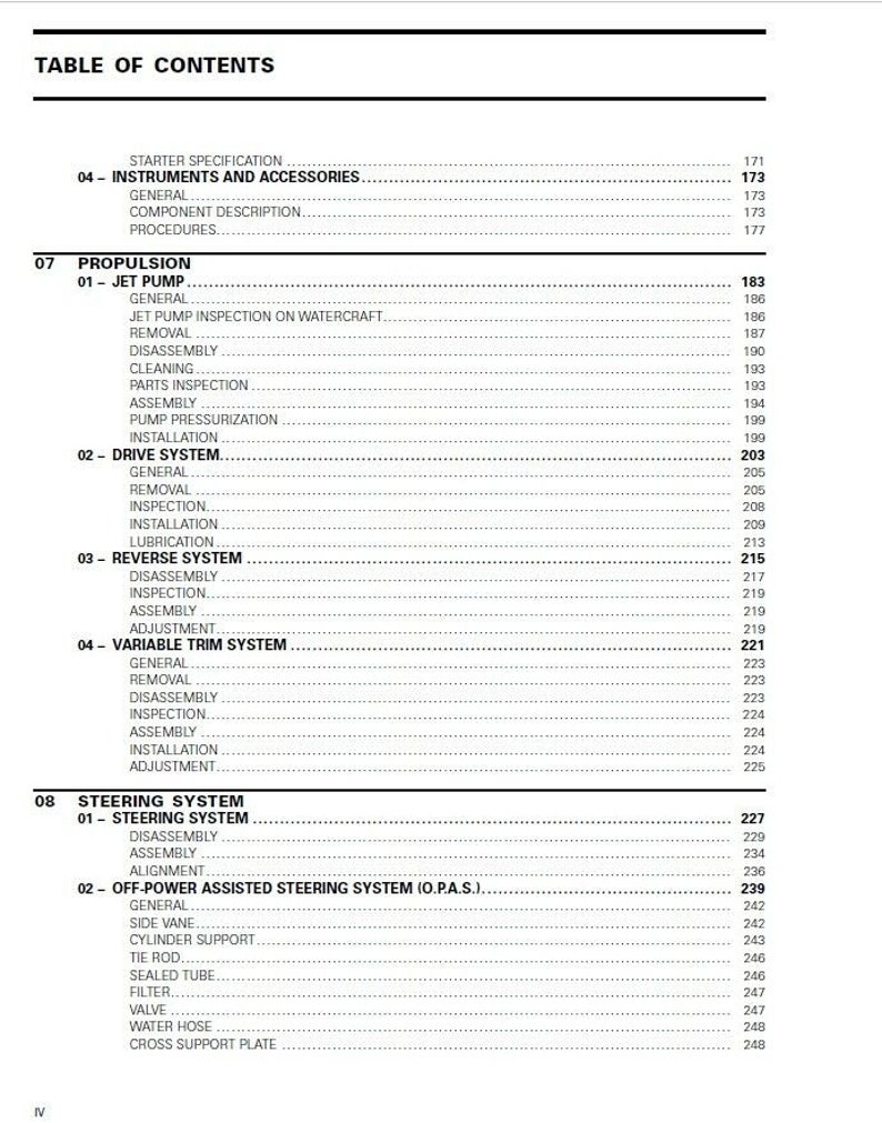 May include: Table of contents for a manual or instruction booklet. The table lists sections for starter specification, instruments and accessories, propulsion, steering system, and variable trim system. Page numbers are listed next to each section.