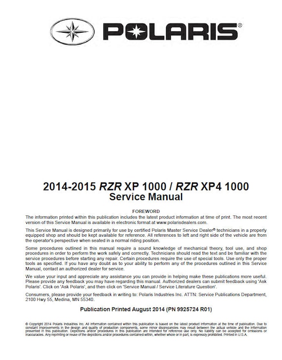 Polaris RZR 1000 XP XP4 Service Manual | 2014-2015 UTV Repair