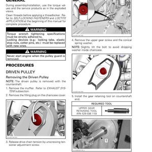 Puede incluir: Un diagrama ilustrado en blanco y negro que muestra los pasos para quitar una polea conducida de una moto de nieve. El diagrama incluye instrucciones de texto y una lista de herramientas necesarias. El texto incluye lo siguiente: "Retire el tornillo del engranaje superior y la arandela de resorte c&oacute;nica", "Incline ligeramente el tornillo para evitar que la arandela caiga dentro de la caja de la cadena", "Instale la herramienta de retenci&oacute;n del engranaje en el extremo del eje secundario", "Herramienta necesaria: Herramienta de retenci&oacute;n del engranaje superior (P/N 529 036 110)", "Retire la correa de transmisi&oacute;n. Consulte la subsecci&oacute;n CORREA DE TRANSMISI&Oacute;N."