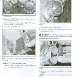 K&ouml;nnte beinhalten: Diagramm aus einem Handbuch, das die Schritte zur Demontage des Motors zeigt. Das Bild enth&auml;lt Nahaufnahmen von Motorkomponenten mit Textanweisungen und Beschriftungen. Der Abschnitt tr&auml;gt den Titel "ENGINE" und der Unterabschnitt "RAVE (593 E-TEC)".