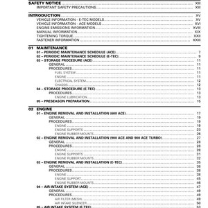 Puede incluir: P&aacute;gina del &iacute;ndice de un manual de servicio para una moto de nieve. El manual incluye secciones sobre seguridad, introducci&oacute;n, mantenimiento e informaci&oacute;n del motor.