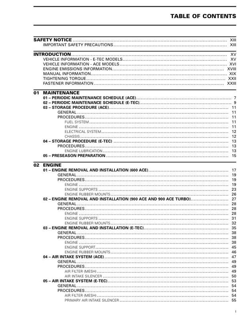 Puede incluir: P&aacute;gina del &iacute;ndice de un manual de servicio para una moto de nieve. El manual incluye secciones sobre seguridad, introducci&oacute;n, mantenimiento e informaci&oacute;n del motor.