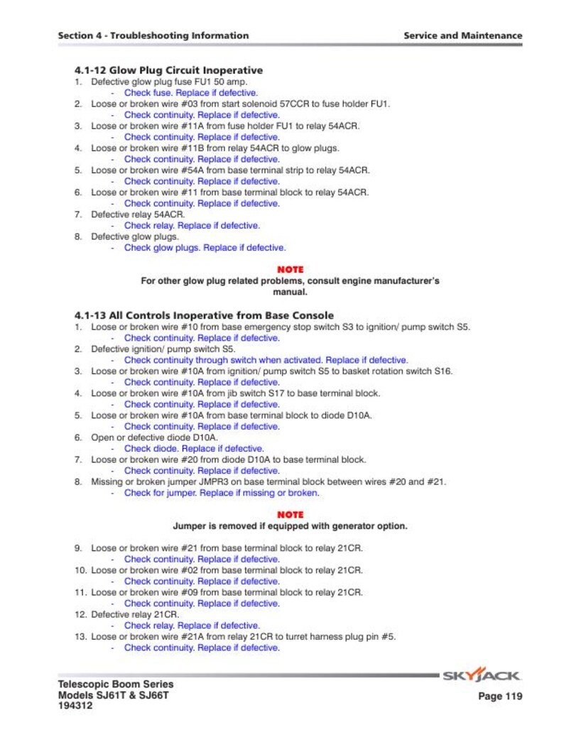 May include: Troubleshooting information for a Skyjack SJ61T and SJ66T telescopic boom series. The document outlines steps to diagnose and fix issues with the glow plug circuit and all controls inoperative from the base console.