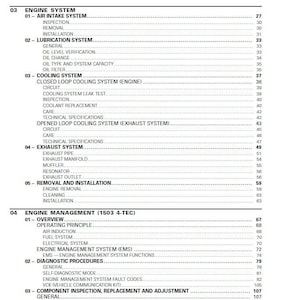 May include: Table of contents for a service manual for a 1503 4-TEC engine. The table lists the different sections of the manual, including engine system, lubrication system, cooling system, exhaust system, removal and installation, engine management, diagnostic procedures, and component inspection, replacement and adjustment.