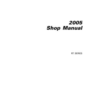 Peut inclure: Une couverture blanche de manuel d'atelier avec le texte "2005 Shop Manual" en noir. Le texte "RT SERIES" est en dessous du titre. Le bas de la couverture indique "BOMBARDIER RECREATIONAL PRODUCTS INC."
