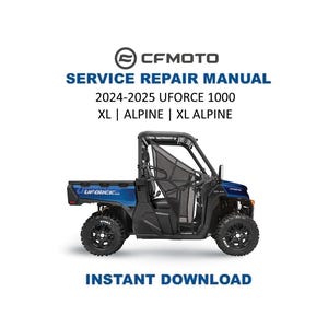 May include: A blue CFMOTO UFORCE 1000 XL Alpine side-by-side vehicle is featured in this image. The text "SERVICE REPAIR MANUAL" and "INSTANT DOWNLOAD" are also visible. The vehicle has black wheels and a roll cage.