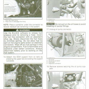 K&ouml;nnte beinhalten: Diagramm des Schmiersystems eines Motors mit detaillierten Anweisungen und nummerierten Komponenten. Enth&auml;lt Warnhinweise zum Umgang mit Kraftstoff und zum Abklemmen der Batterie. Zeigt Nahaufnahmen von Schl&auml;uchen, Anschl&uuml;ssen und der &Ouml;lpumpe.