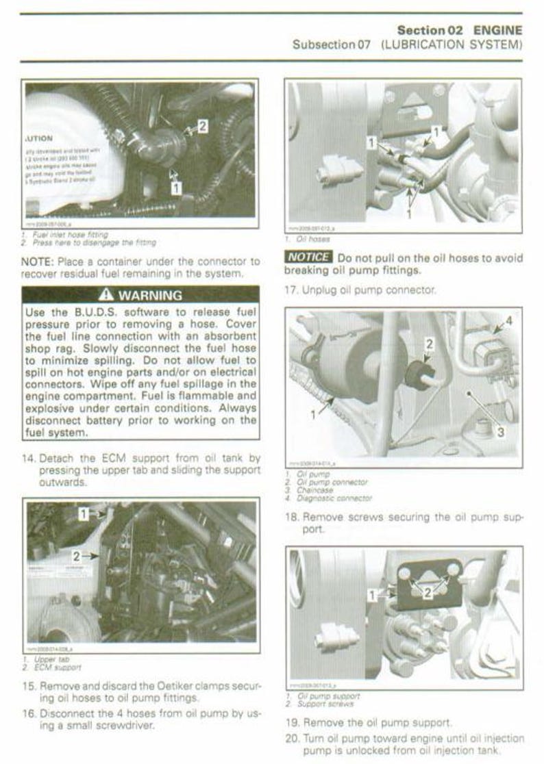 K&ouml;nnte beinhalten: Diagramm des Schmiersystems eines Motors mit detaillierten Anweisungen und nummerierten Komponenten. Enth&auml;lt Warnhinweise zum Umgang mit Kraftstoff und zum Abklemmen der Batterie. Zeigt Nahaufnahmen von Schl&auml;uchen, Anschl&uuml;ssen und der &Ouml;lpumpe.