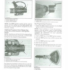 Puede incluir: Diagrama de un sistema el&eacute;ctrico, que incluye un conjunto de interruptor de encendido, un anillo de antena y una llave maestra. El texto incluye instrucciones para la programaci&oacute;n de llaves y el uso del m&oacute;dulo D.E.S.S.