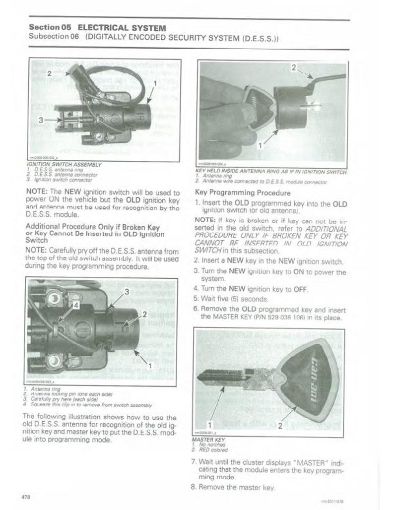 Puede incluir: Diagrama de un sistema el&eacute;ctrico, que incluye un conjunto de interruptor de encendido, un anillo de antena y una llave maestra. El texto incluye instrucciones para la programaci&oacute;n de llaves y el uso del m&oacute;dulo D.E.S.S.