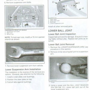 K&ouml;nnte beinhalten: Diagramm aus einem Kfz-Reparaturhandbuch mit Komponenten der Vorderradaufh&auml;ngung. Enth&auml;lt Abbildungen eines Schraubenschl&uuml;ssels, eines Querlenkers und Schritte zum Ausbau des Kugelgelenks. Text mit Anweisungen und Teilenamen.