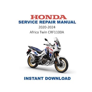 Op de afbeelding: Een witte, blauwe en rode Honda Africa Twin CRF1100A motorfiets. De afbeelding bevat de tekst "HONDA SERVICE REPAIR MANUAL 2020-2024" en "INSTANT DOWNLOAD". De motorfiets heeft gouden velgen en een zilveren uitlaat.