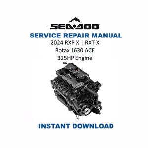 Puede incluir: Un manual de reparación para modelos Sea-Doo, incluyendo los RXP-X y RXT-X 2024. El manual cubre el motor Rotax 1630 ACE 325HP. La imagen también presenta un motor y las palabras "Descarga instantánea".