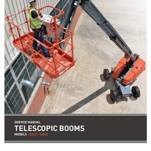 May include: A service manual for telescopic booms, models SJ61T and SJ66T, with a photo of a red and gray boom lift extending up to reach a building.