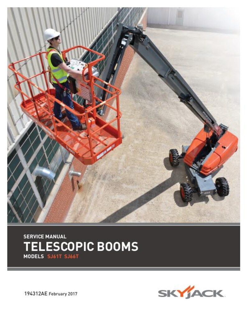 May include: A service manual for telescopic booms, models SJ61T and SJ66T, with a photo of a red and gray boom lift extending up to reach a building.