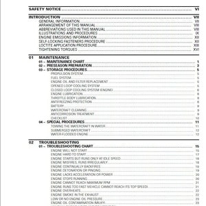 May include: Table of contents page from a manual for a watercraft. The page lists sections for safety notice, introduction, maintenance, troubleshooting, and special procedures.