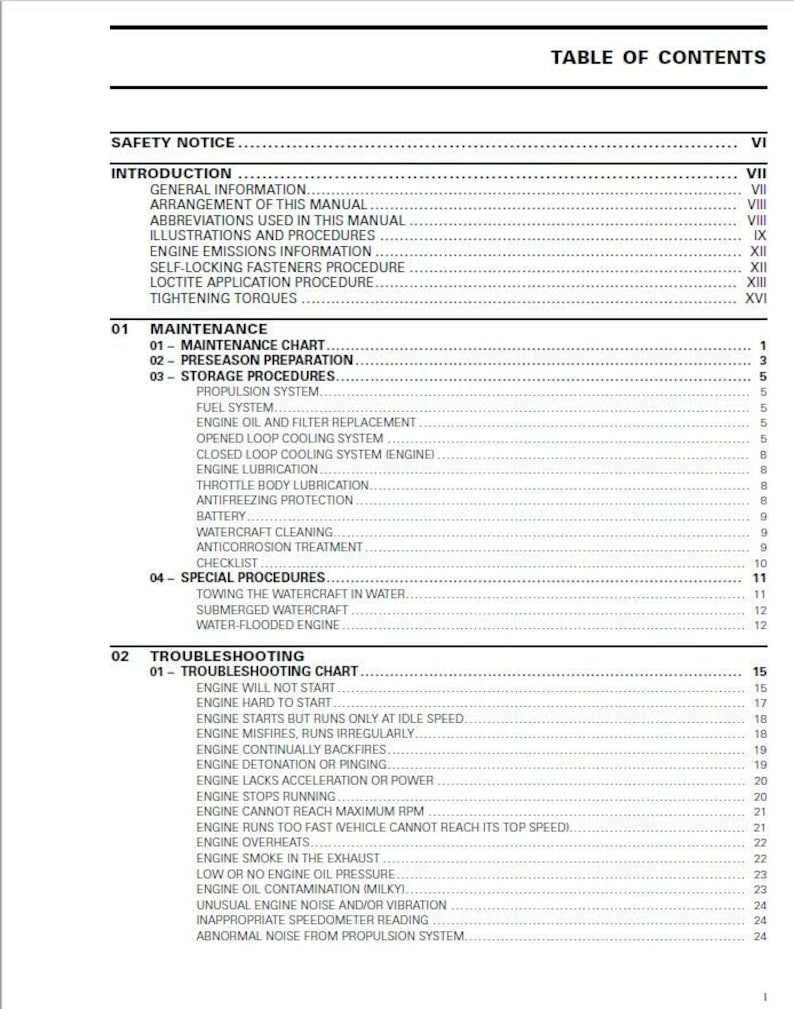 May include: Table of contents page from a manual for a watercraft. The page lists sections for safety notice, introduction, maintenance, troubleshooting, and special procedures.