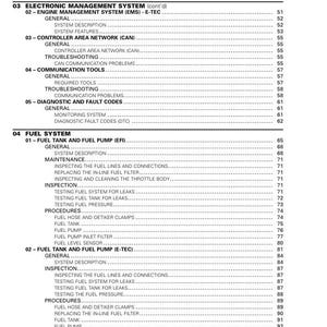 May include: A detailed table of contents from a manual, with headings and subheadings in black text on a white background. The title "TABLE OF CONTENTS" is at the top, followed by sections on electronic management, controller area network, and fuel systems.