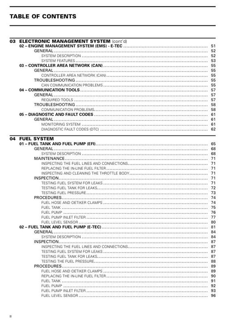 May include: A detailed table of contents from a manual, with headings and subheadings in black text on a white background. The title "TABLE OF CONTENTS" is at the top, followed by sections on electronic management, controller area network, and fuel systems.