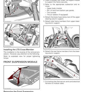 May include: Diagram of a vehicle chassis with highlighted components, including the LTS cross-member and front suspension module. Text details removal and installation procedures, with instructions for various parts.