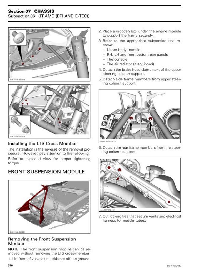 May include: Diagram of a vehicle chassis with highlighted components, including the LTS cross-member and front suspension module. Text details removal and installation procedures, with instructions for various parts.