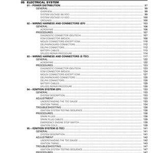 May include: A detailed contents page from a manual, listing sections on electrical systems, wiring harnesses, and ignition systems. The text is in black font on a white background, with page numbers.