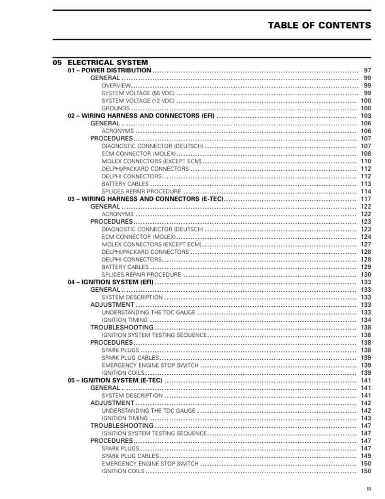 May include: A detailed contents page from a manual, listing sections on electrical systems, wiring harnesses, and ignition systems. The text is in black font on a white background, with page numbers.