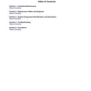 May include: Table of contents for the Skyjack Telescopic Boom Series service and maintenance manual for models SJ61T and SJ66T. The manual covers scheduled maintenance, maintenance tables and diagrams, system component identification and schematics, troubleshooting, and procedures.