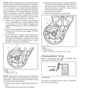 May include: Diagram from a manual detailing ignition timing procedures. Includes illustrations of a magneto flywheel, trigger coil, and tachometer. Text explains how to check and adjust timing, with notes on marking the flywheel.