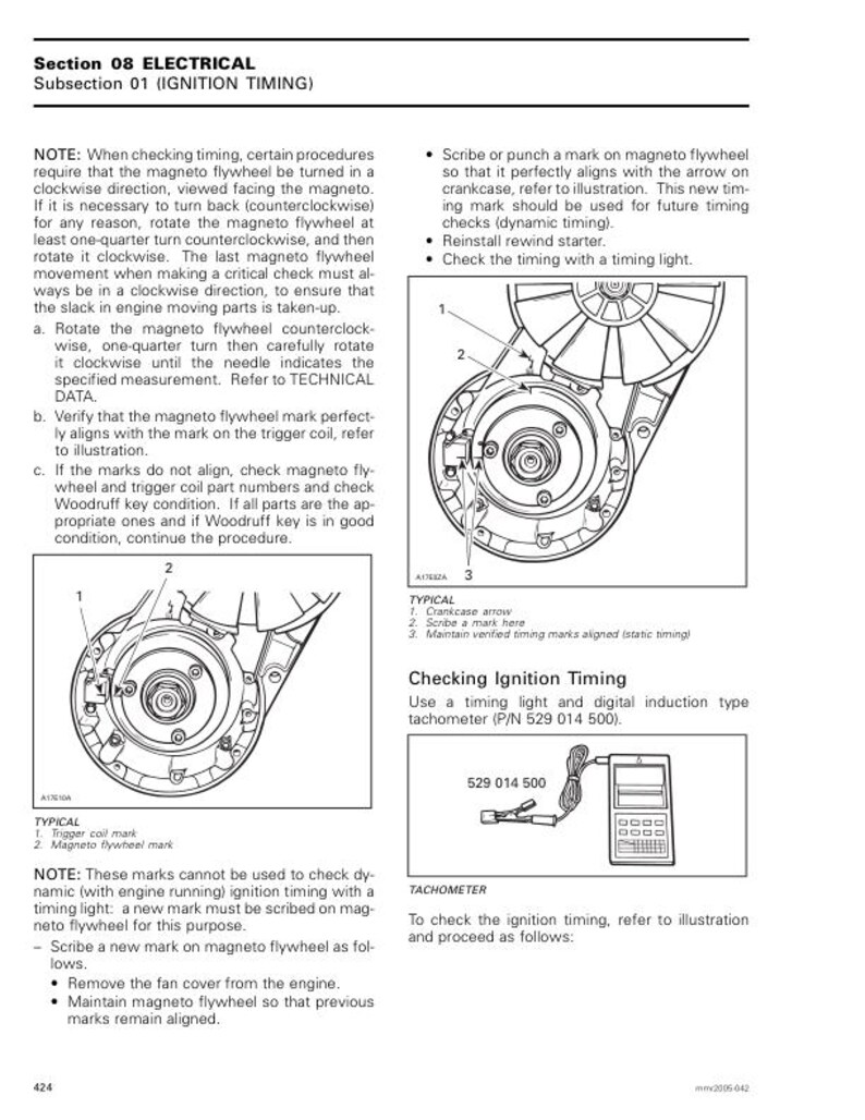 May include: Diagram from a manual detailing ignition timing procedures. Includes illustrations of a magneto flywheel, trigger coil, and tachometer. Text explains how to check and adjust timing, with notes on marking the flywheel.