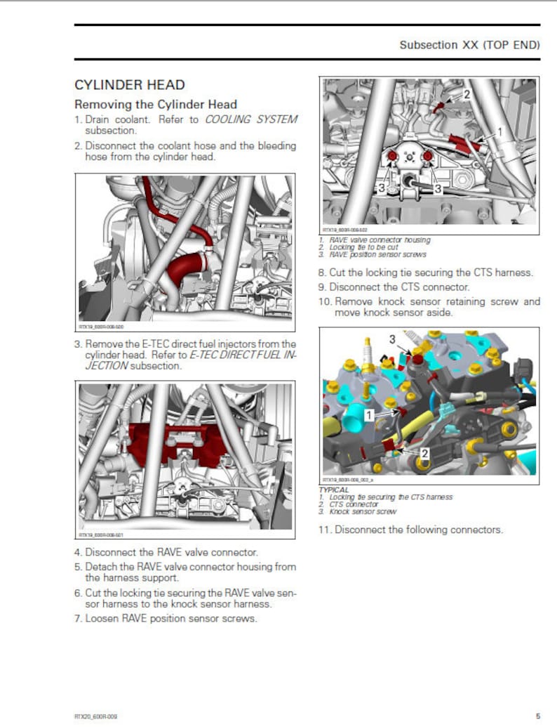 May include: Diagram showing the steps for removing the cylinder head on a snowmobile engine. The diagram includes illustrations of the engine components and numbered steps for disconnecting hoses, connectors, and sensors.