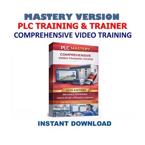 Könnte beinhalten: Produktbild mit einem PLC-Trainingskurs-Box-Set. Die Box ist rot und weiß mit dem Text "PLC MASTERY COMPREHENSIVE VIDEO TRAINING COURSE". Das Bild enthält auch einen USB-Stick und den Text "2026 EDITION". Die Worte "INSTANT DOWNLOAD" sind ebenfalls sichtbar.