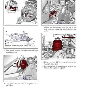 Puede incluir: Un diagrama que muestra los pasos para quitar e instalar un motor en una moto de nieve. El diagrama muestra el motor, el tanque de refrigerante, la manija de arranque de retroceso y el conector ECM. El diagrama tambi&eacute;n incluye instrucciones de texto para cada paso.