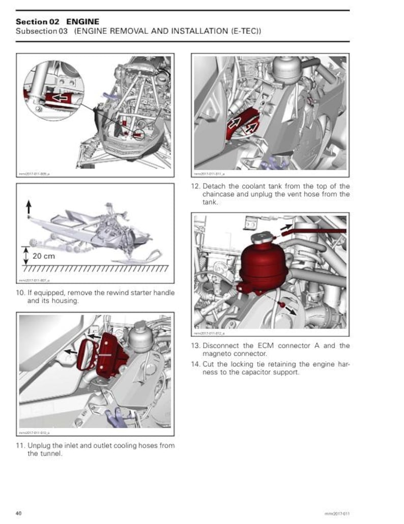 Puede incluir: Un diagrama que muestra los pasos para quitar e instalar un motor en una moto de nieve. El diagrama muestra el motor, el tanque de refrigerante, la manija de arranque de retroceso y el conector ECM. El diagrama tambi&eacute;n incluye instrucciones de texto para cada paso.