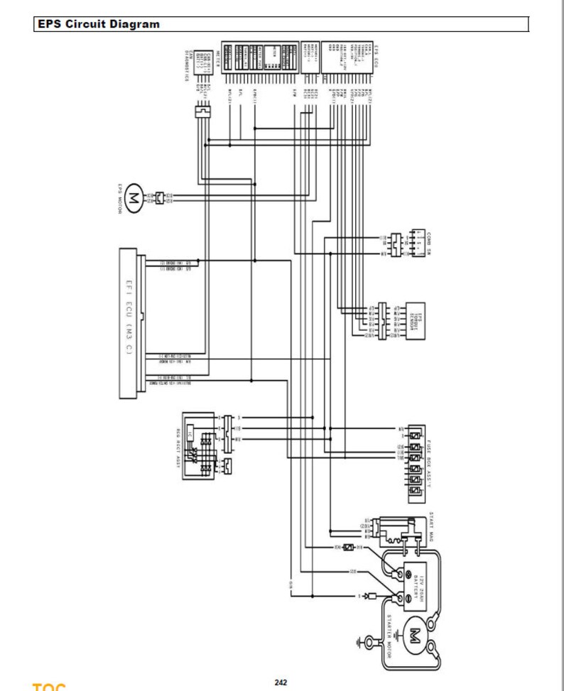 May include: A black and white diagram of an EPS circuit. The diagram shows the connections between the EPS motor, EFI ECU, and other components. The diagram includes text labels for each component.